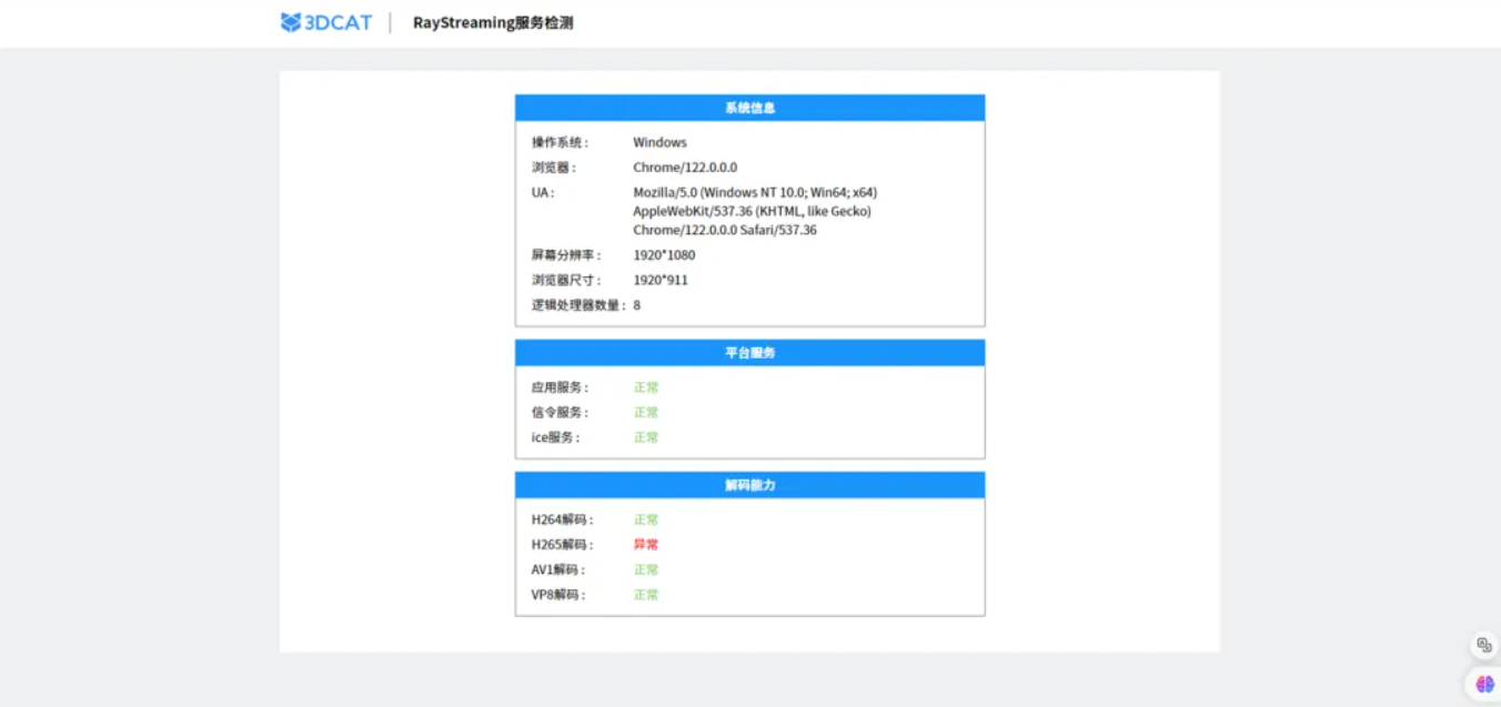 对3DCAT终端用户的环境及推流服务进行全面检测